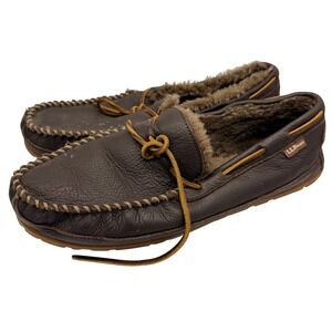 LL Bean Mens Wicked Good Moccasins Brown Leather Moosehide Shearling Slippers